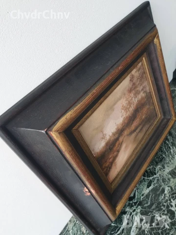 35х42см/малка картина масло върху платно/пейзаж-гора-езеро/масивна дървена рамка, снимка 2 - Картини - 50474260