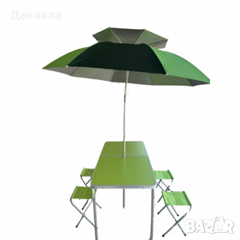 Къмпинг комплект 3 в 1: Сгъваема маса с 4 стола и чадър