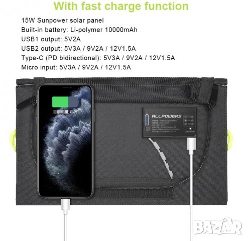 ALLPOWERS™ PD18W 5V3A/9V2A/12V1.5A 21W Сгъваем Соларен Панел SUNPOWER® СлънчевСет 10000mAh3.7-5V37Wh, снимка 15 - Къмпинг осветление - 37247463
