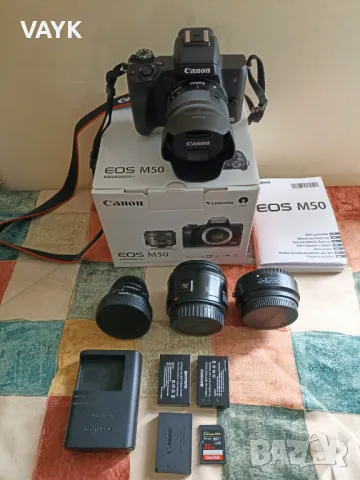 Фотоапарат Canon EOS M50 KIT + 2 Обектива + Адаптер, снимка 2 - Фотоапарати - 47928502