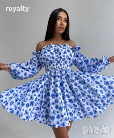 Ефектна синя рокля с паднали рамене, снимка 2 - Рокли - 49515375