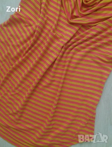 Удължена блуза с гръцко деколте в розово/оранжево райе, снимка 2 - Тениски - 29308676
