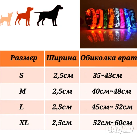 LED Светещи нашийници за кучета. Светеща каишка за куче. Севтещ нашийник. Нашииник XS S M L XL , снимка 2 - За кучета - 24842020