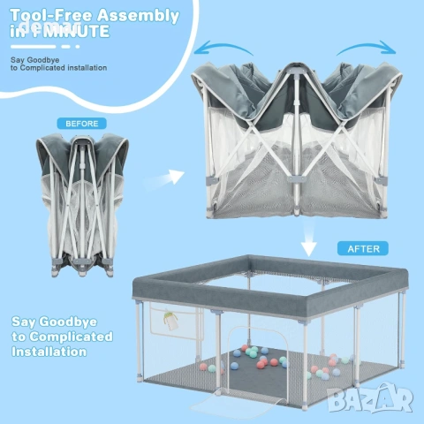 Сгъваема бебешка кошара 127x127 см, преносима, 30 броя океански топки, снимка 7 - Кошарки - 53381502