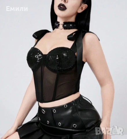 Нов дамски топ/бюстие/корсет с пайети и прозрачна талия р-р S и M, снимка 3 - Корсети, бюстиета, топове - 51078418