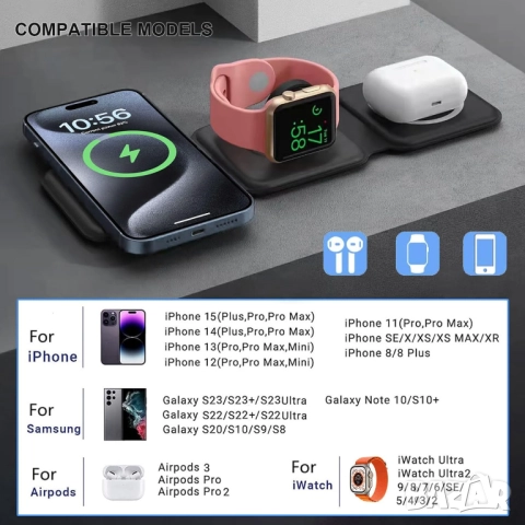 Магнитно безжично зарядно  3 в 1, снимка 4 - Безжични зарядни - 52116552