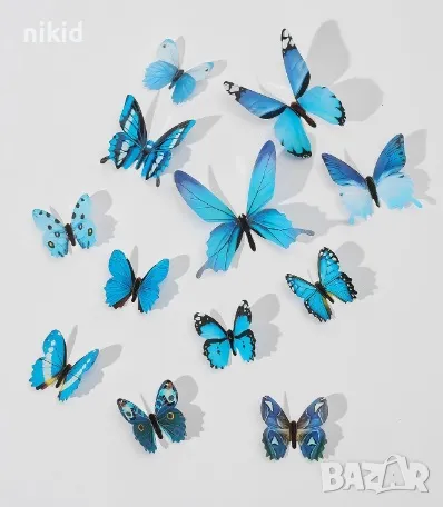 3D 12 бр pvc Сини Синьо Черни  самозалепващи пеперуди декорация за стена и мебел, снимка 3 - Други - 30171503