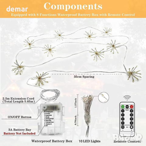 KINGCOO LED светлини фойерверк верижни за декорация с батерии и дистанционно управление, топло бяло , снимка 3 - Декорация за дома - 44533723