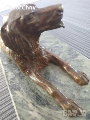 Parvis статуетка 30см-5кг/стара френска бронзова скулптура/фигура на куче-сетер/зелен мрамор, снимка 4 - Антикварни и старинни предмети - 51325012