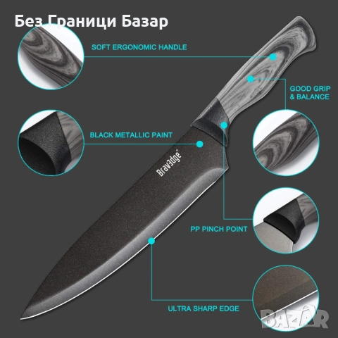 Нов Професионален кухненски нож 8" ултра остър с ергономична дръжка неръждаема стомана, снимка 7 - Прибори за хранене, готвене и сервиране - 54319369