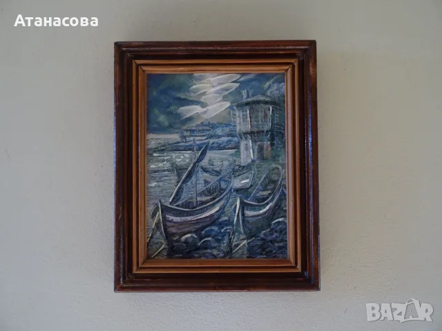 ПЕТЪР ЖЕЛЯЗКОВ картина "Вечер на кея" пейзаж масло 1995 г, снимка 7 - Картини - 55962336