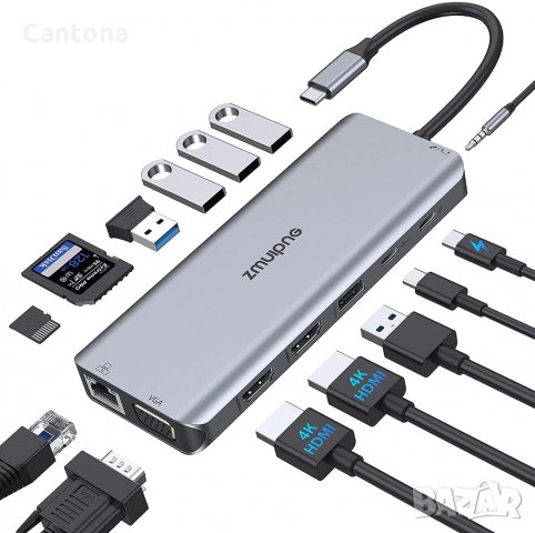 ZMUIPNG 14 в 1 USB C , DUAL-Display 4K-HDMI, VGA, 3xUSB 3.0, 2xUSB 2.0 Ports,Type C PD,Gigablit Ethe, снимка 1 - Лаптоп аксесоари - 34147310