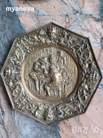 Vintage, метална, осмоъгълна чиния, пано в холандски или фламандски стил. , снимка 2 - Пана - 51888889