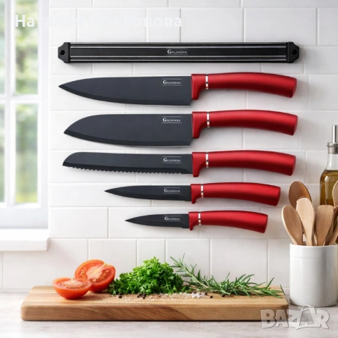Комплект ножове Goldmann GM 5259, 5бр. с магнитна релса, Незалепващо покритие, Кутия, снимка 2 - Прибори за хранене, готвене и сервиране - 54169532