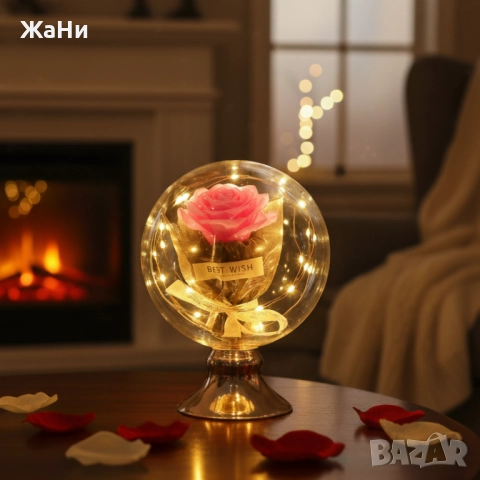 Лампа с роза и мека светлина – подарък, който остава и след празника!, снимка 3 - Изкуствени цветя - 52166130