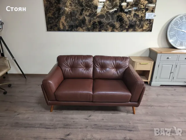 Кафяв кожен диван двойка, снимка 6 - Дивани и мека мебел - 56507495