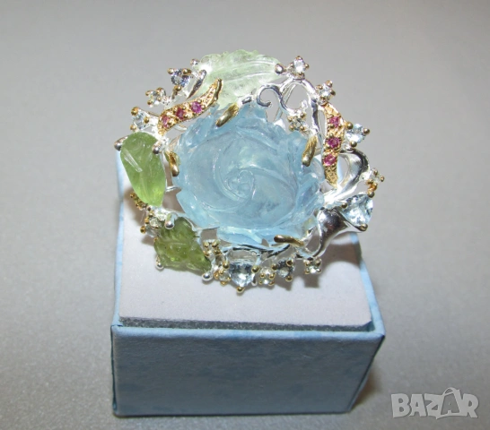 925 сребърен пръстен с 30 карата гравиран аквамарин 20x17мм, снимка 2 - Пръстени - 54203869