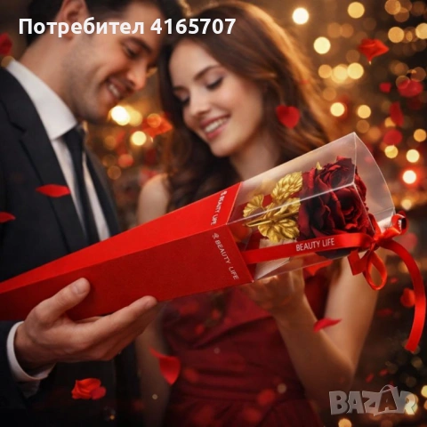 Декоративна роза със златно стъбло в подаръчна кутия, снимка 5 - Изкуствени цветя - 53090288