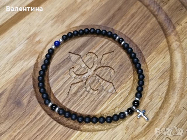 Мъжка/дамска гривна естествени камъни оникс, лапис лазули и сребърен кръст, снимка 1