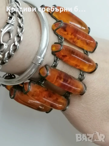 Масивна сребърна Fishland с балтийски кехлибар , снимка 3 - Гривни - 53903584