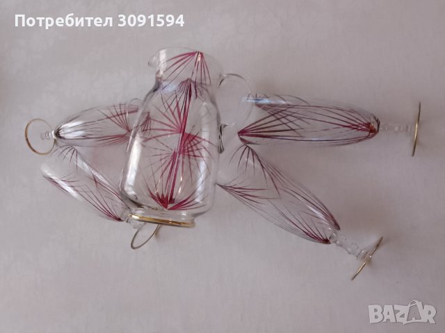  Винтидж Германия ,Комплект кана и 4 чаши за вино рисуваниано стъкло , снимка 14 - Други ценни предмети - 44422620