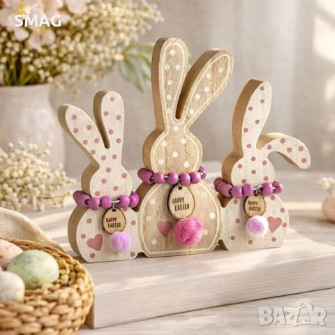 Великденска настолна декорация с 3 зайчета на точки и надпис „Happy Easter", 15×2×15см_1233626