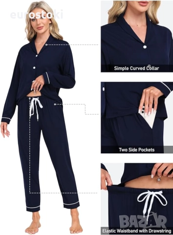 MoFiz Дълги пижами за жени, зимни меки пижами с дълъг ръкав и копчета, карирани елегантни пижами, снимка 4 - Пижами - 52507003