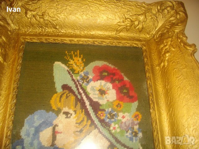 Стар/Старинен DMC Гоблен-Ръчно Нашиван-Германия-Рамкиран-Гипс-460х390мм-Момиче С Боне-ОТЛИЧЕН, снимка 8 - Гоблени - 37088937