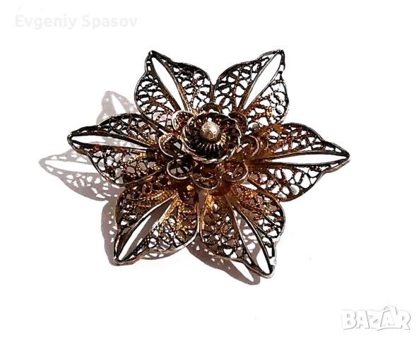 Старинна Сребърна Брошка Красиво Цвете Филигран Изцяло Ръчна Работа, снимка 7 - Други - 52437837