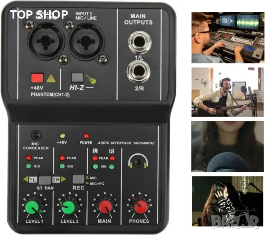 Аудио миксер, двуканален, с 48V фантомно захранване Combo жак Микрофон/китара XLR+6,35 мм, 3,5 мм, снимка 9 - Ресийвъри, усилватели, смесителни пултове - 49340618