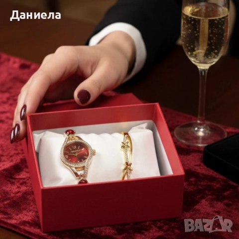 Луксозен дамски сет: часовник с кристали + гривна – в подаръчна опаковка