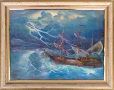 Морски пейзаж с кораб, платноход, буря, картина
