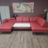 Червен кожен П образен ъглов диван ZE-EM21063 с функция сън, снимка 2 - Дивани и мека мебел - 44215938