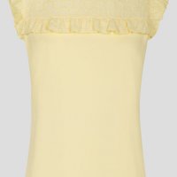 Блуза с къдрички и дантела в нежен жълт цвят, снимка 4 - Тениски - 40222613