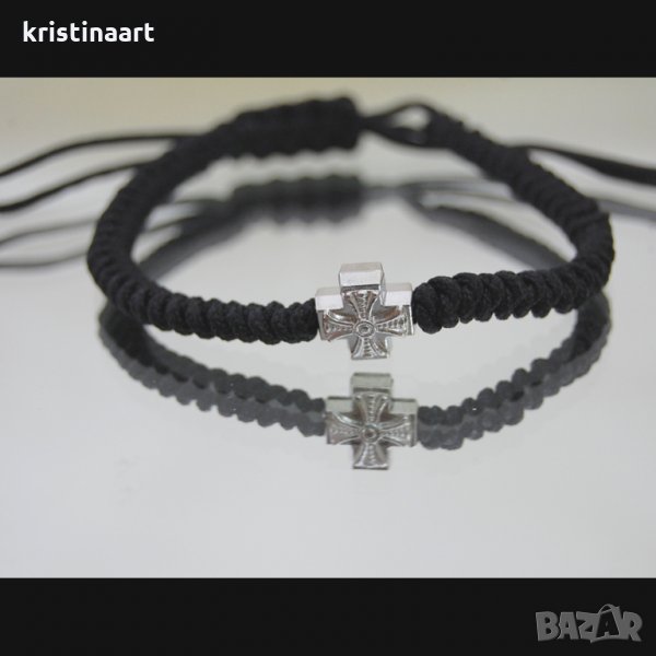 Църковна плетена черна гривна с кръст, снимка 1