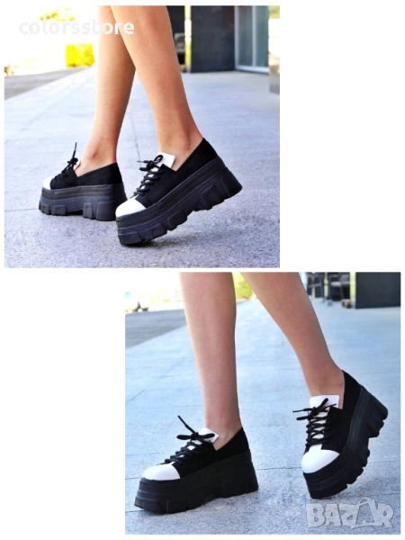 Обувки на платформа - черен велур и бяла кожа - DA60 , снимка 1