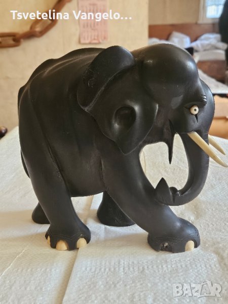 Ръчно изработен африкански слон от абанос и слонова кост от 1920 Антика, снимка 1