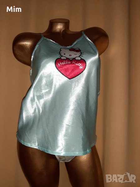 H&M S/M Светло син сатенен потник със сърце и котенце  подарък прашка , снимка 1