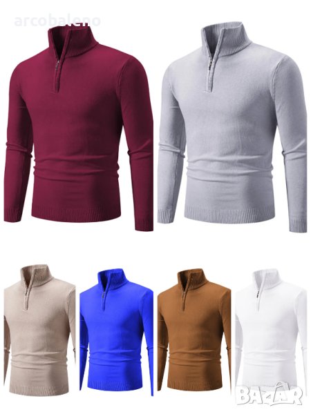 Мъжки ежедневен едноцветен пуловер с половин цип и стояща яка, 10цвята , снимка 1