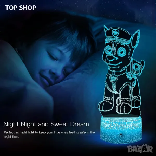 3D LED Paw Patrol илюзионна лампа, 3 плаки, 16 променящи се цвята, снимка 1