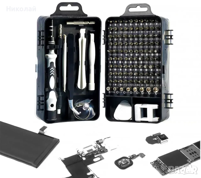 Комплект инструменти AIDA A-115in1, дръжка, 99 бита, 2 удължителя, магнетизатор, SIM ключ, снимка 1