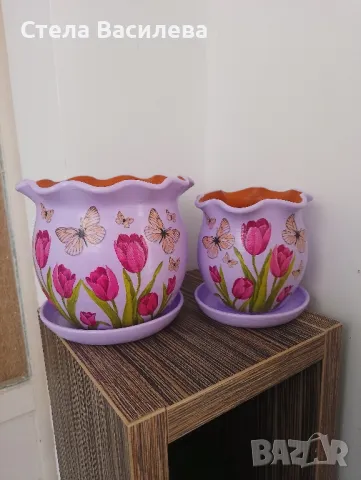 Комплект керамични саксии с подложки , снимка 3 - Саксии и кашпи - 50429680