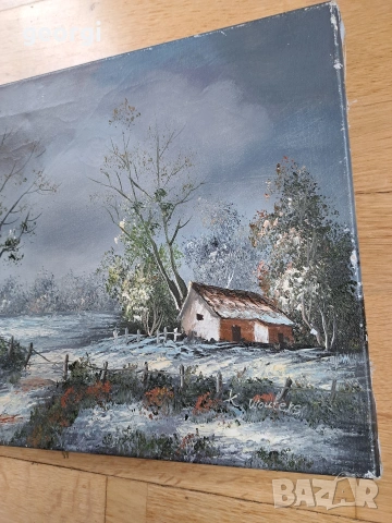 стара авторска картина зимен пейзаж маслени бои върху платно М1, снимка 3 - Картини - 54013591