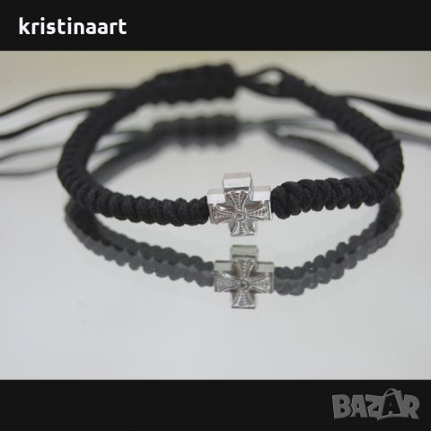 Църковна плетена черна гривна с кръст