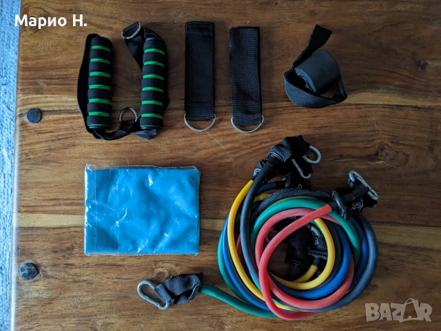Комплект фитнес ластици, чисто нови, 5 тръби, 2 дръжки, 2 каишки за глезени, 2 анкера за врата