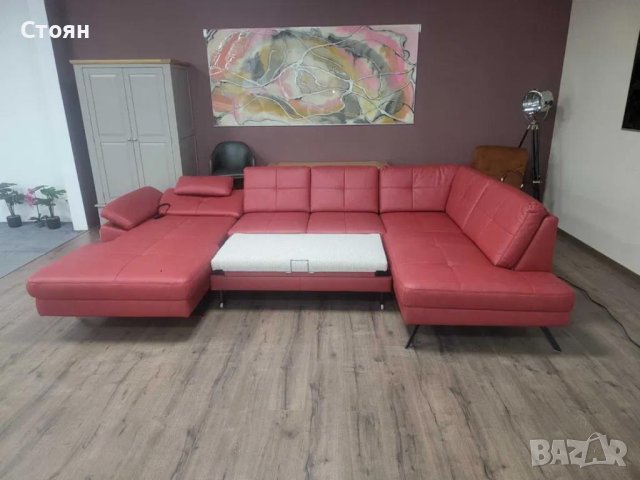 Червен кожен П образен ъглов диван ZE-EM21063 с функция сън, снимка 2 - Дивани и мека мебел - 44215938