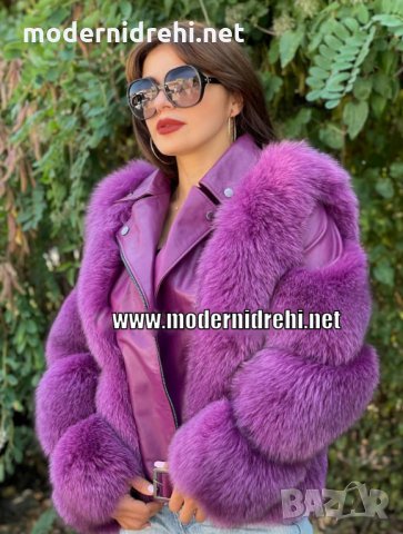Луксозно дамско палто естествен косъм лисица и естествена кожа код 43