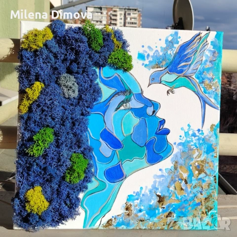 Пано със скандинавски мъх и ръчна рисунка