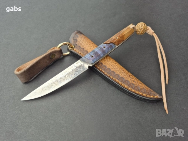 Компактен ловен нож,фултанг дамаска стомана с кожена кания, LN426, снимка 15 - Ножове - 52327576