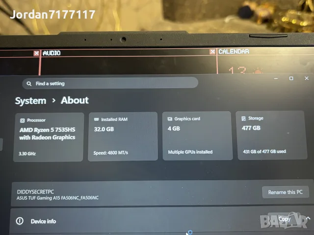 ASUS TUF Gaming A15 Ryzen 5 7535HS / RTX 3050 / 32GB RAM / 512GB SSD, снимка 4 - Лаптопи за игри - 56138309